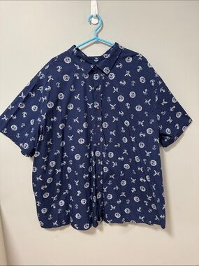 Harbor Bay Navy Button-Down Short Sleeve Shirt with White Nautical Print